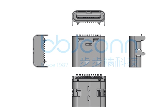 TYPE-C 16P 母座 L=8.35 CH=1.67 板上四脚插 带柱 端子SMT 外壳带弹 SMT